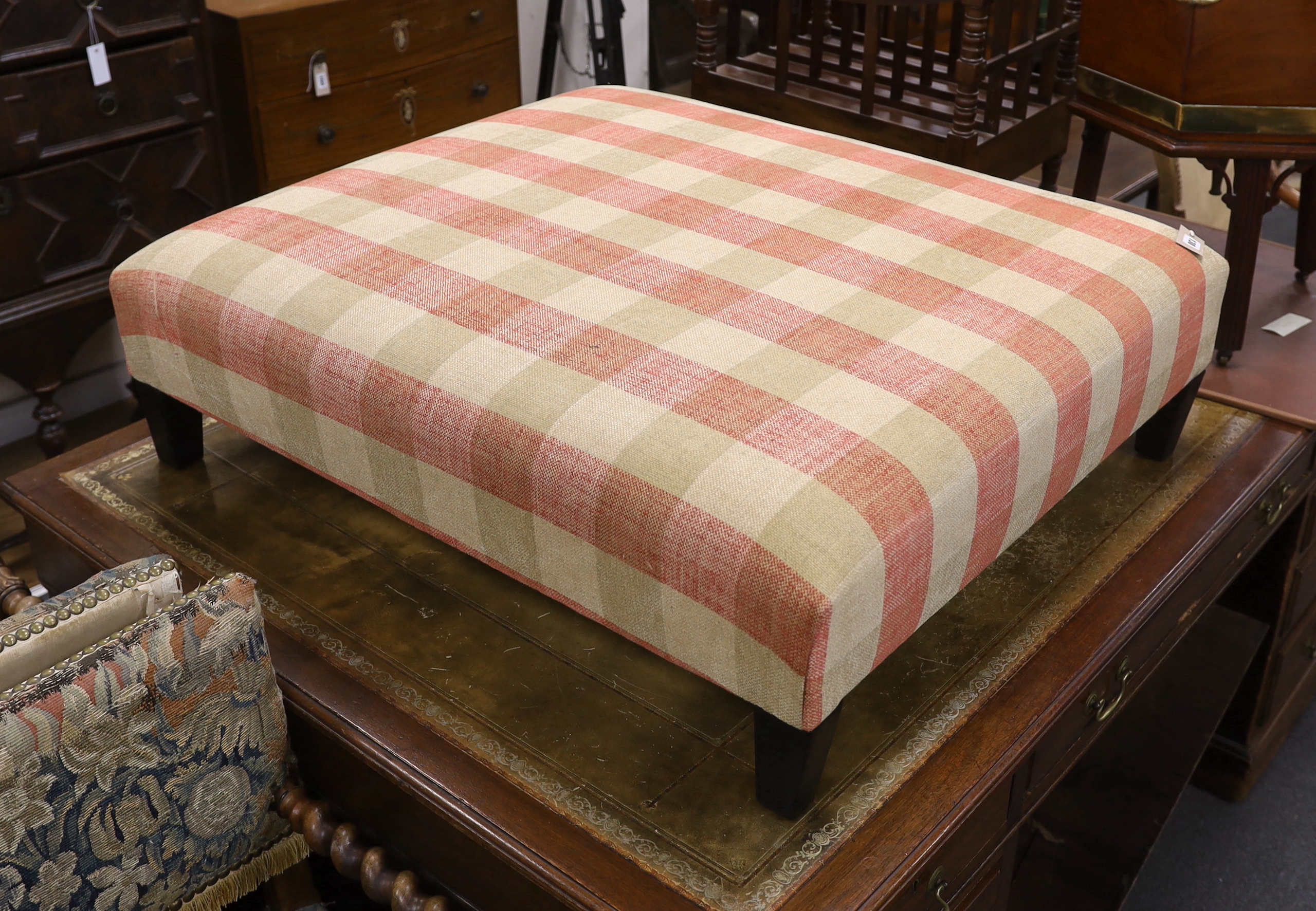 A Colefax & Fowler footstool - Marldon check fabric, length 100cm, width 90cm, height 31cm